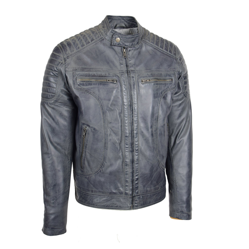 DR156 Men's Leather Biker Style Zip Jacket Grey 4