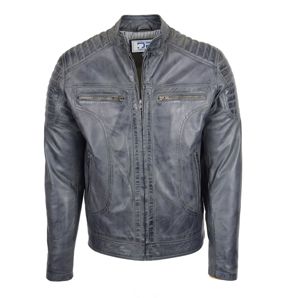DR156 Men's Leather Biker Style Zip Jacket Grey 1