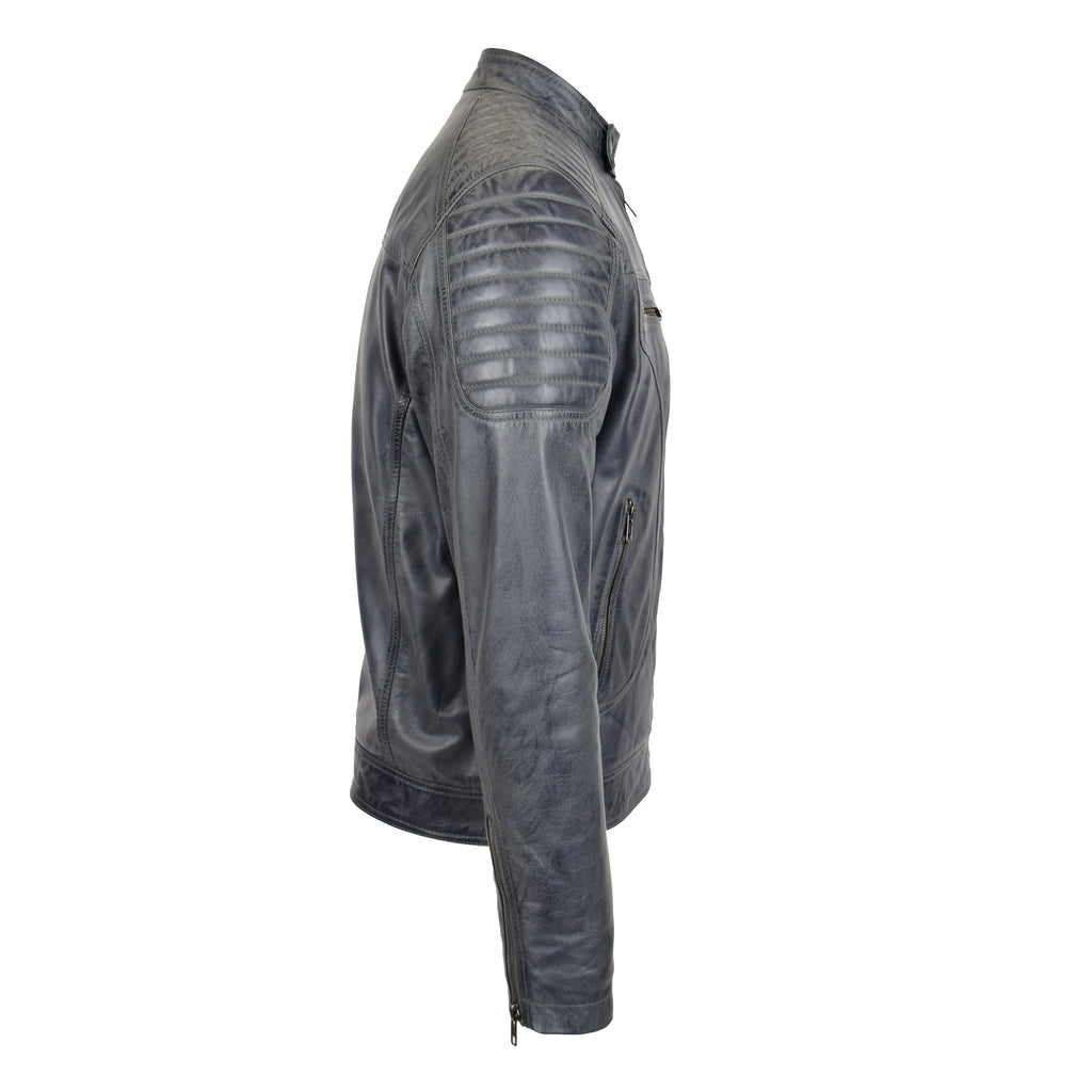DR156 Men's Leather Biker Style Zip Jacket Grey 5