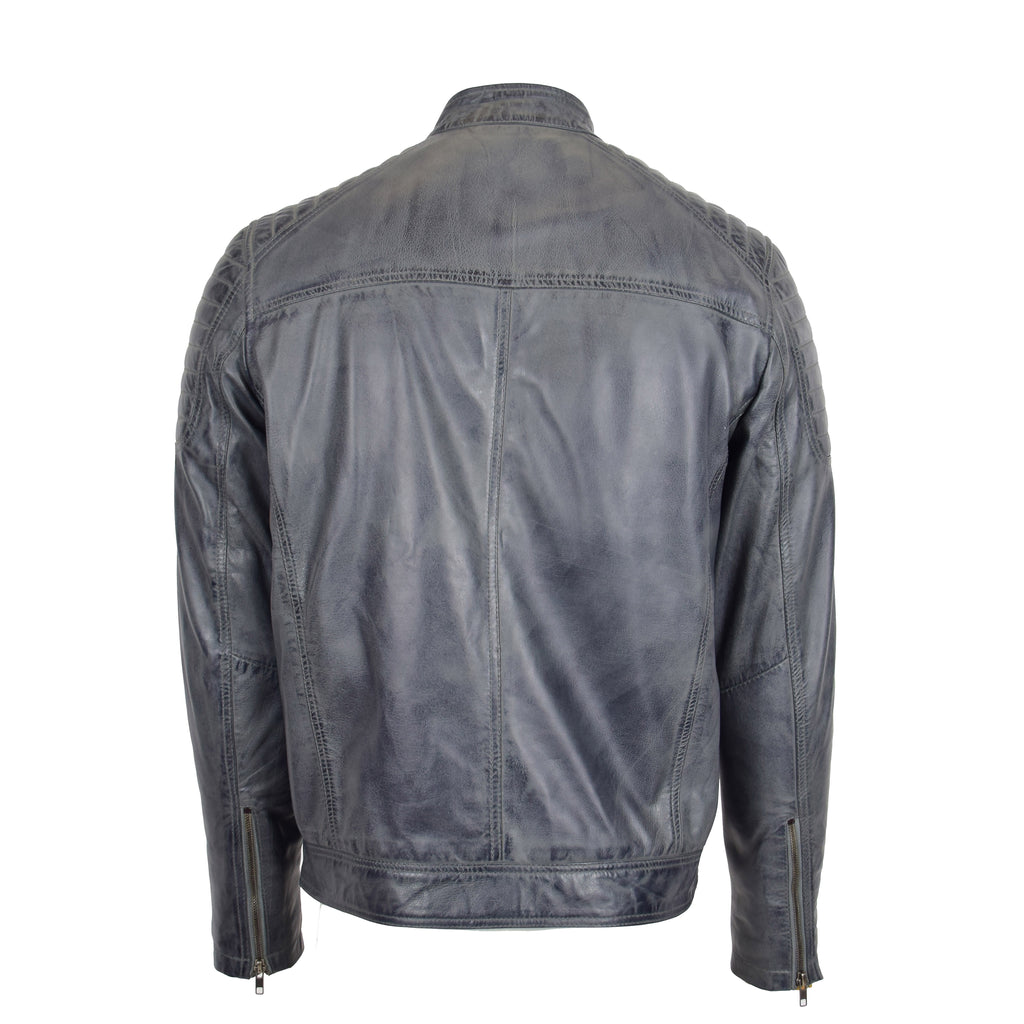 DR156 Men's Leather Biker Style Zip Jacket Grey 3