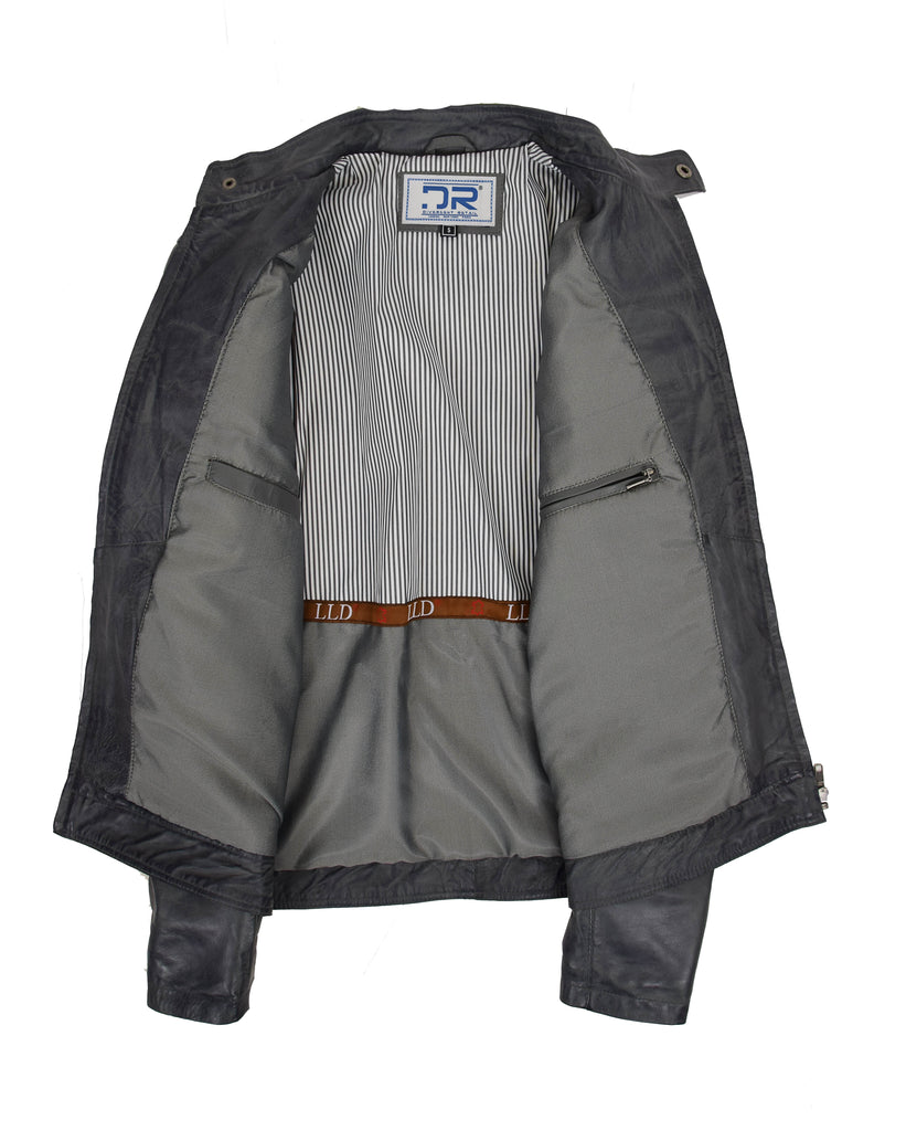 DR156 Men's Leather Biker Style Zip Jacket Grey 6