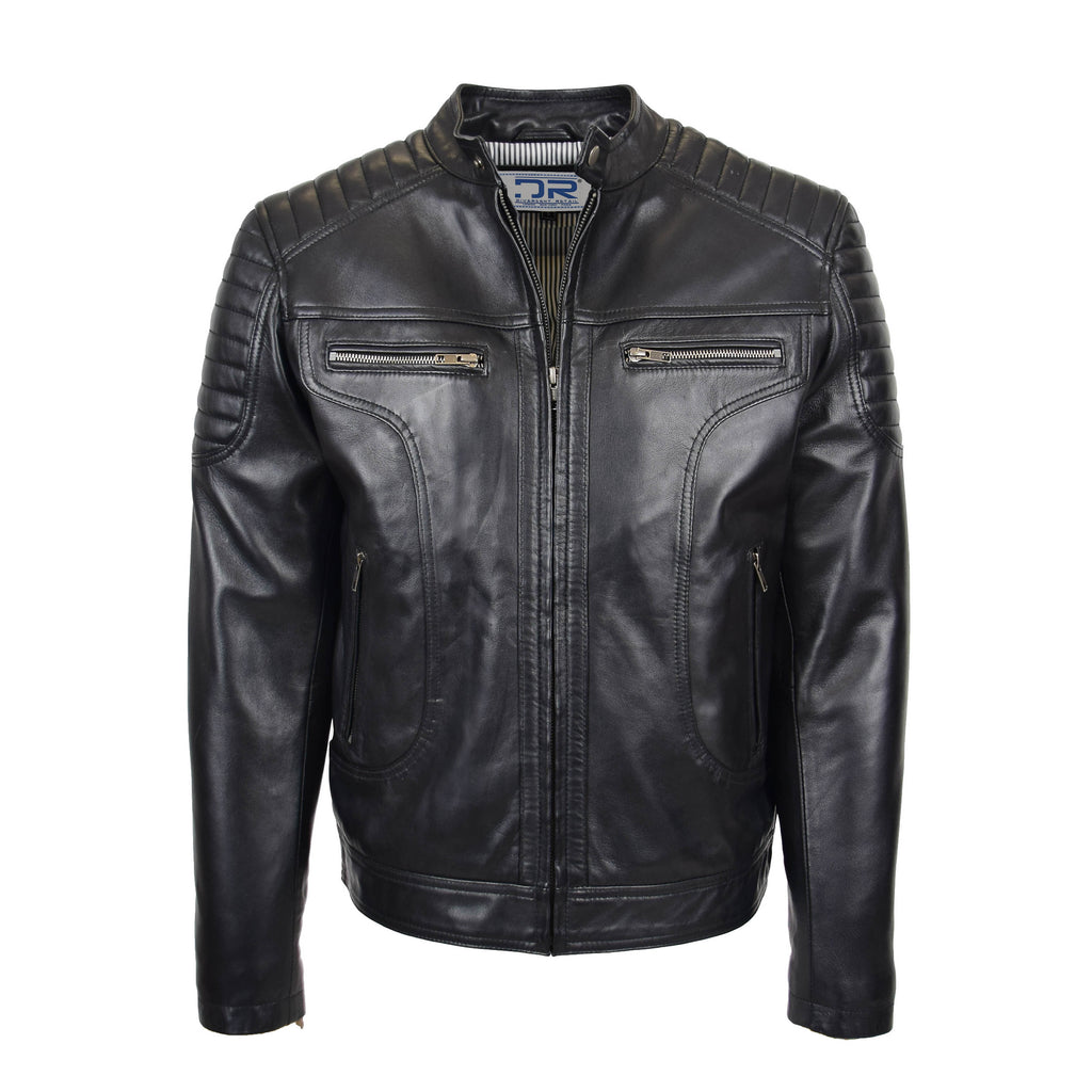 DR156 Men's Leather Biker Style Zip Jacket Black 1