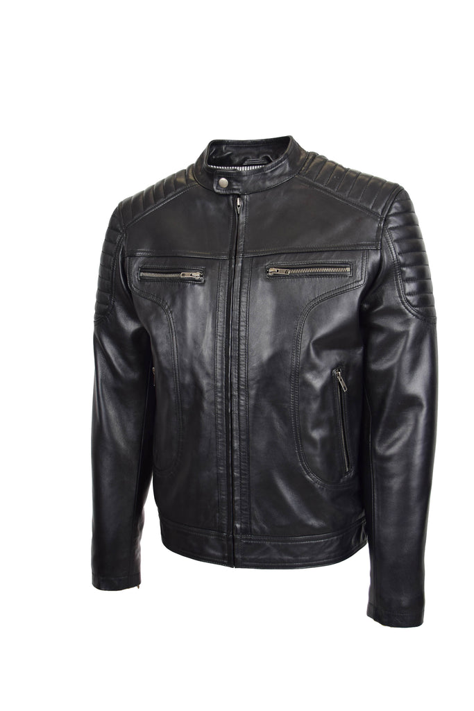 DR156 Men's Leather Biker Style Zip Jacket Black 2