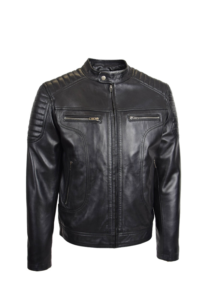 DR156 Men's Leather Biker Style Zip Jacket Black 3