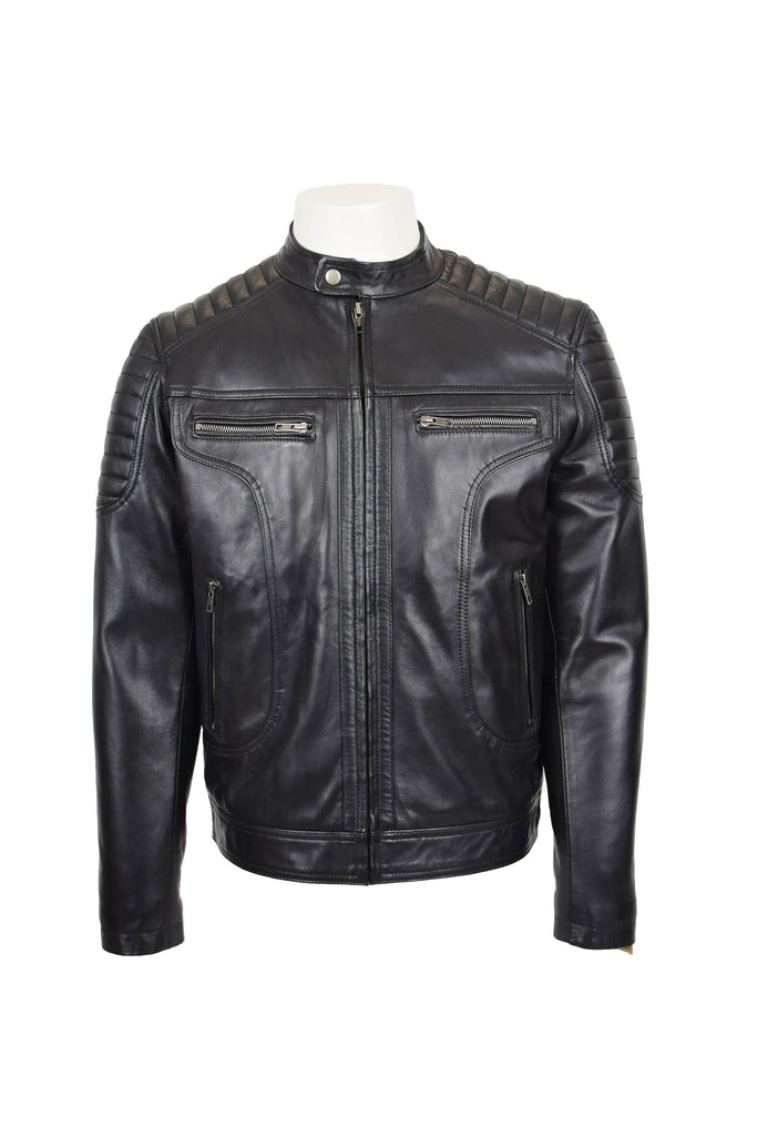 DR156 Men's Leather Biker Style Zip Jacket Black 6