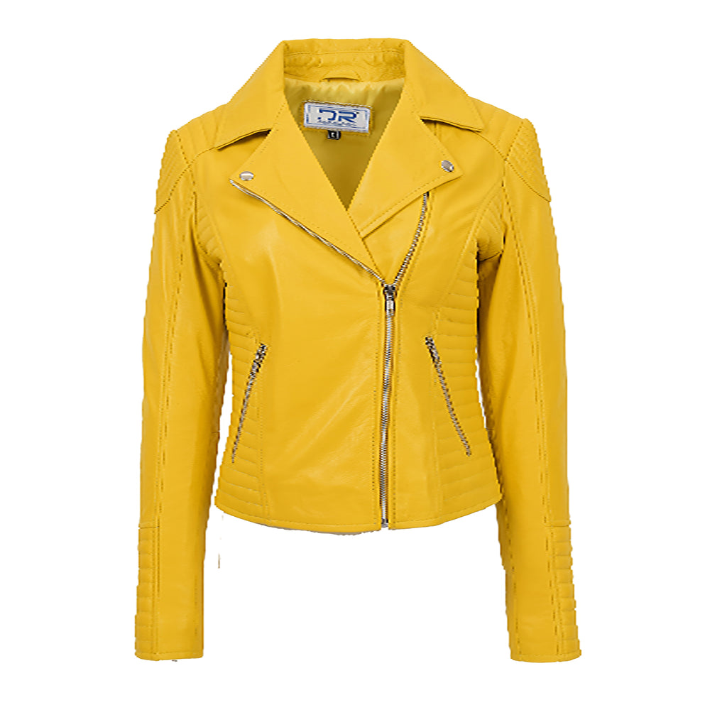 DR206 Women's Soft Leather Cross Zip Biker Jacket Yellow 1