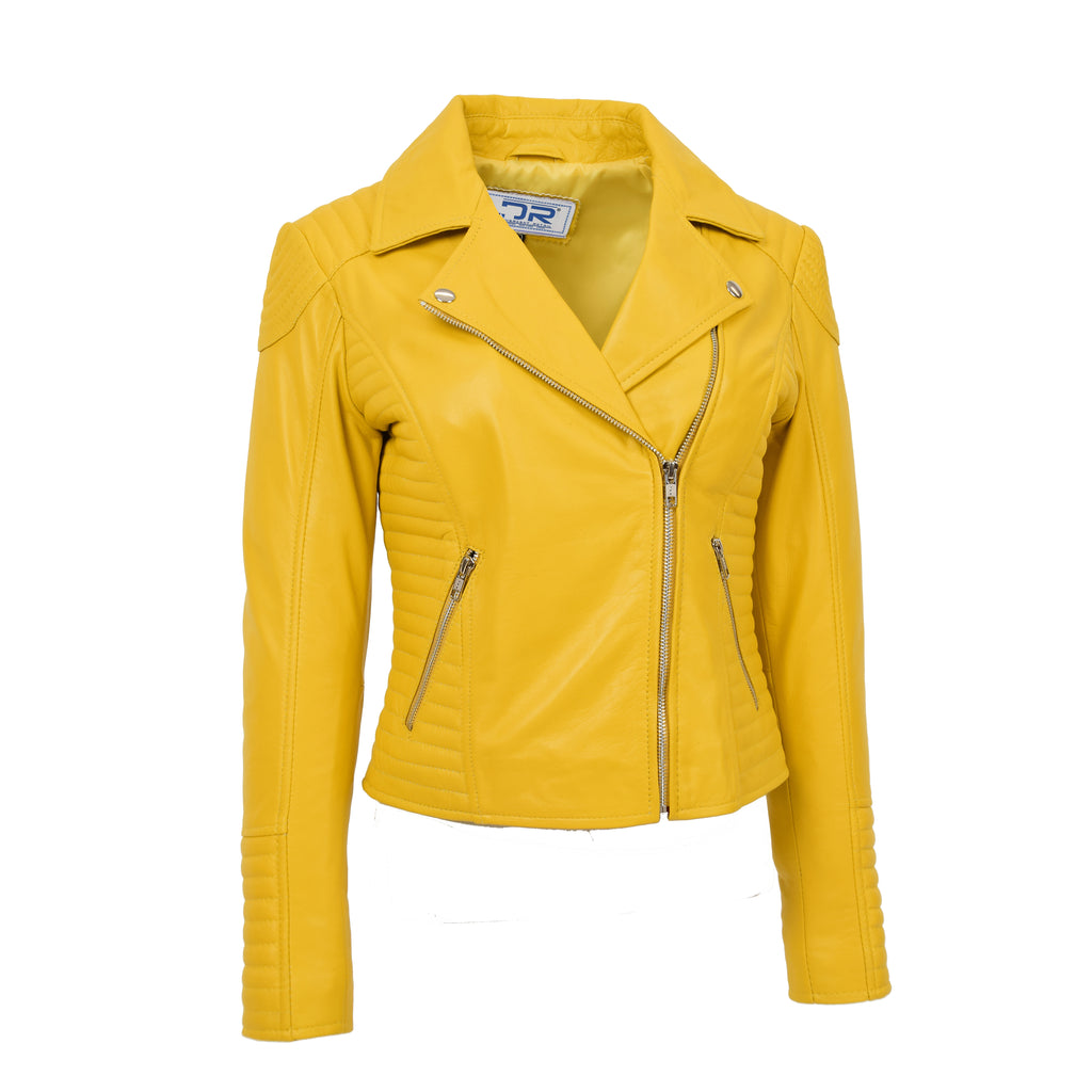 DR206 Women's Soft Leather Cross Zip Biker Jacket Yellow 3