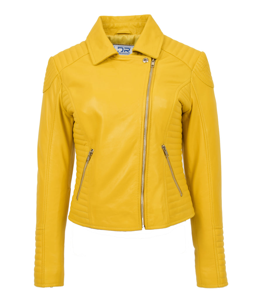 DR206 Women's Soft Leather Cross Zip Biker Jacket Yellow 4