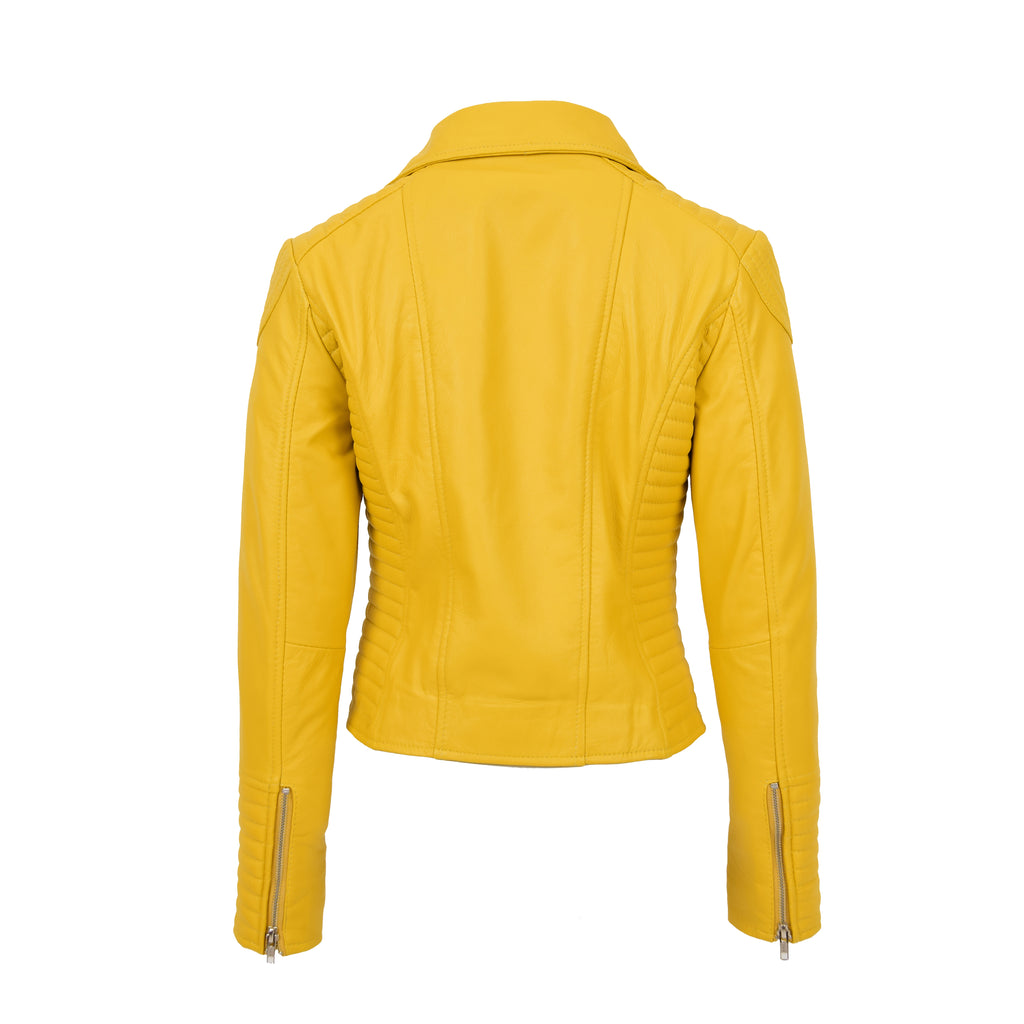 DR206 Women's Soft Leather Cross Zip Biker Jacket Yellow 7