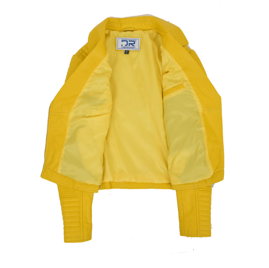 DR206 Women's Soft Leather Cross Zip Biker Jacket Yellow 8