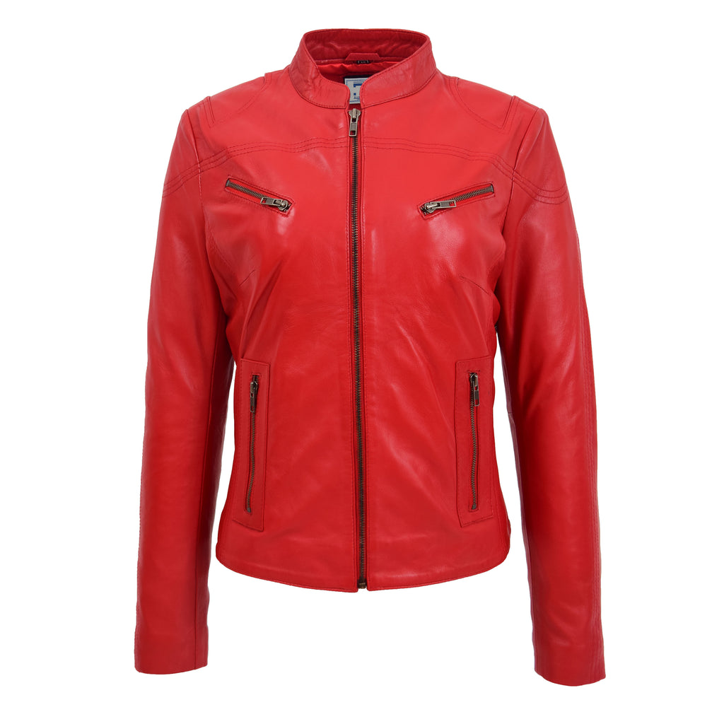 DR200 Ladies Classic Casual Biker Leather Jacket Red 1