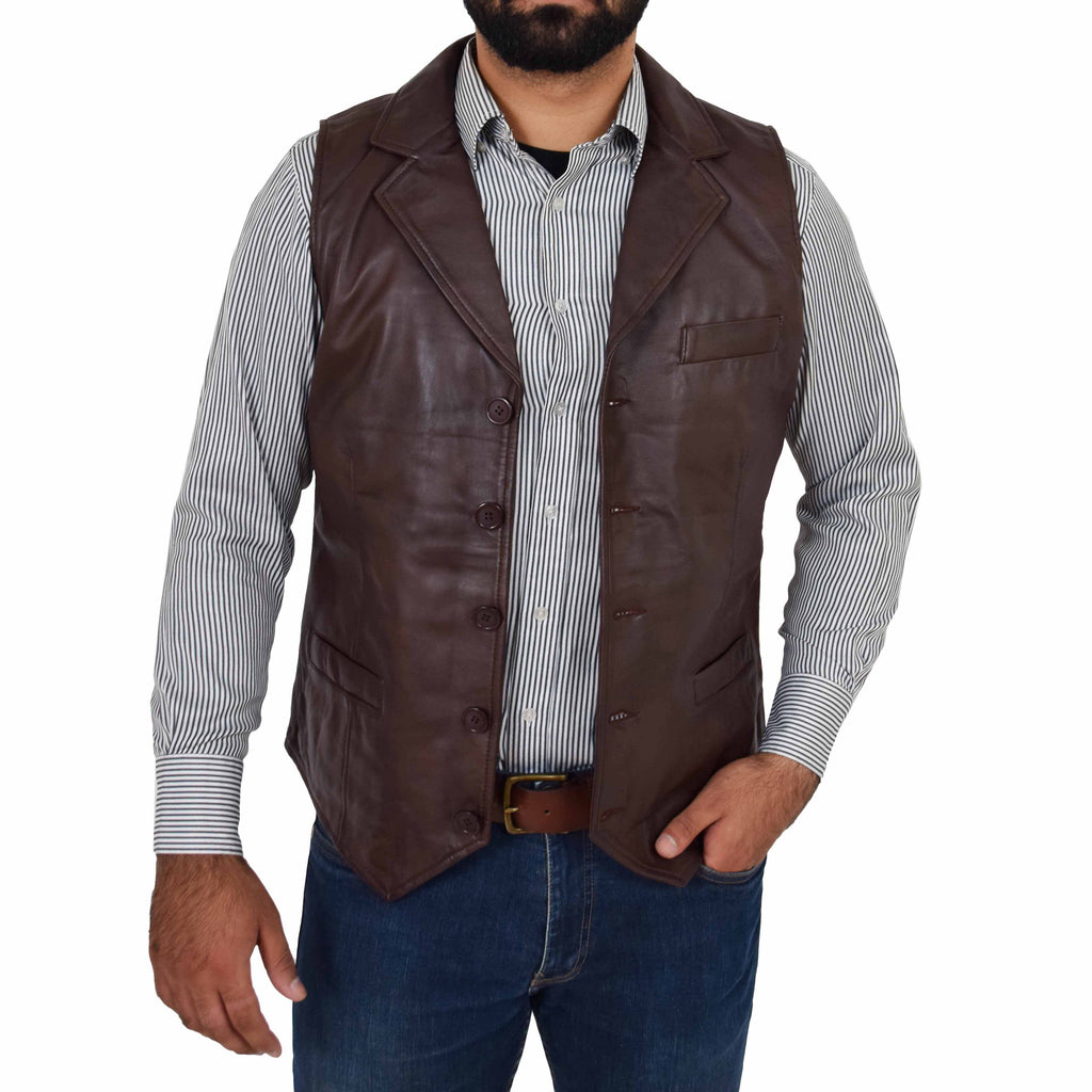 DR126 Men's Blazer Style Sheep Leather Waistcoat Brown 2