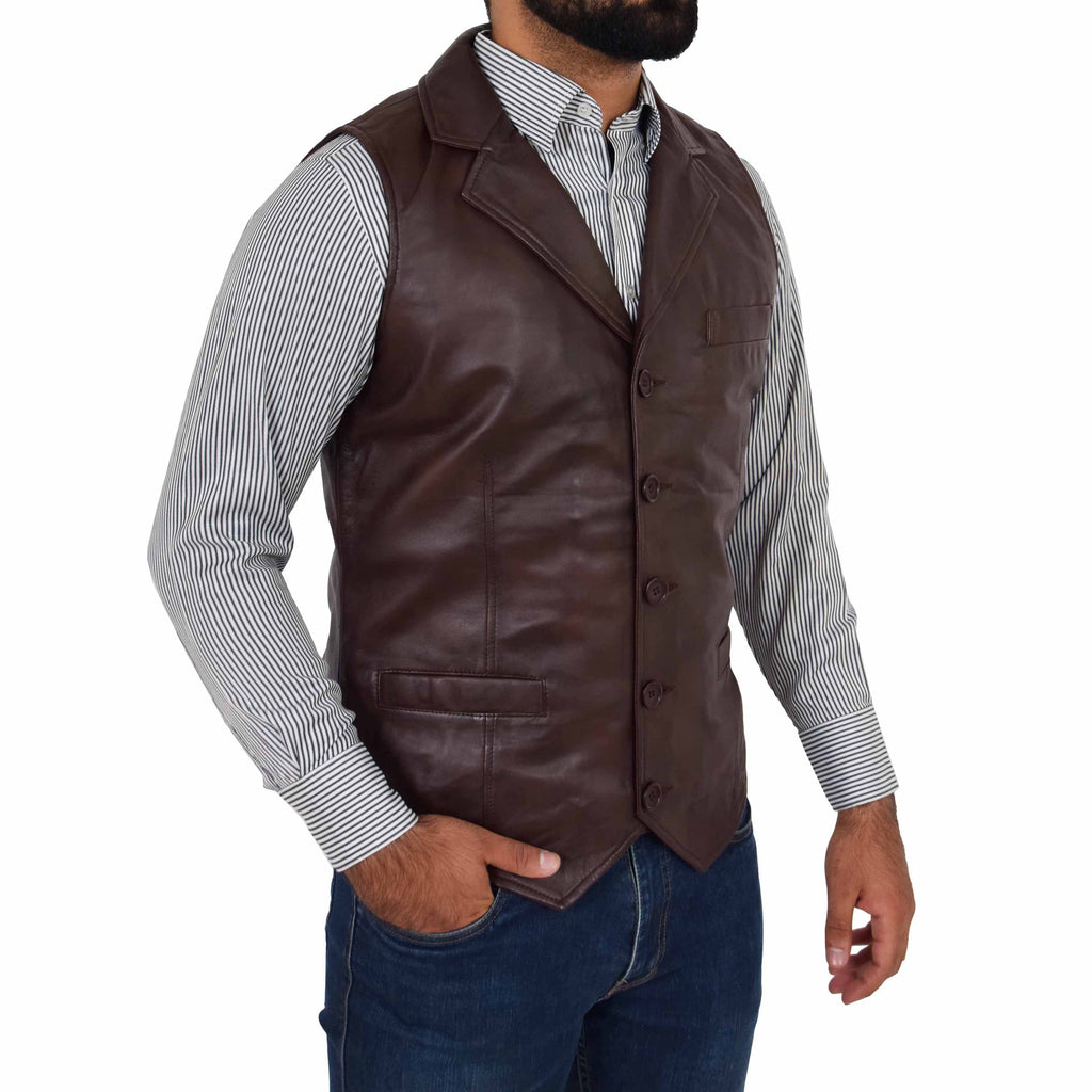 DR126 Men's Blazer Style Sheep Leather Waistcoat Brown 5