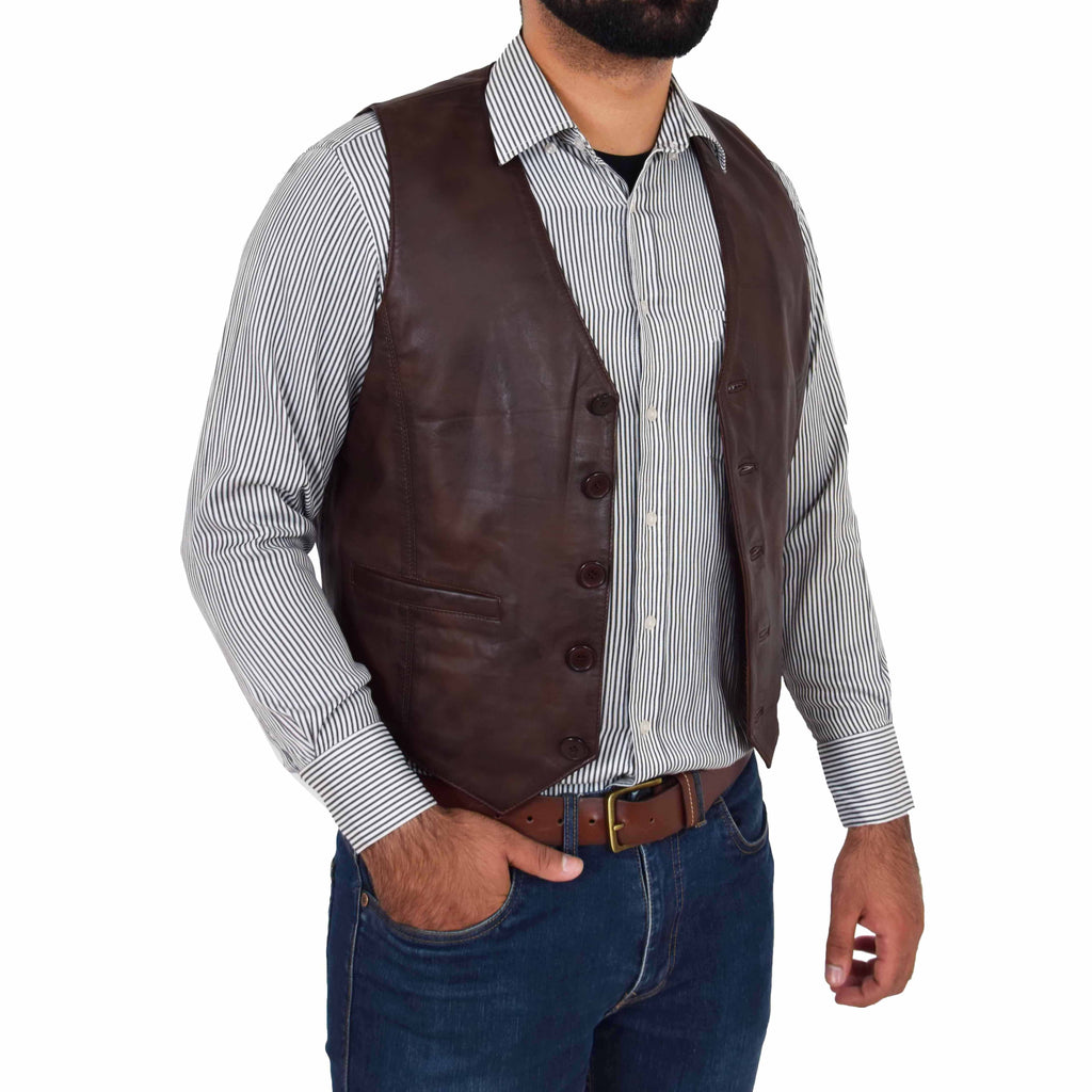DR135 Men's Classic Waistcoat Leather Brown 3