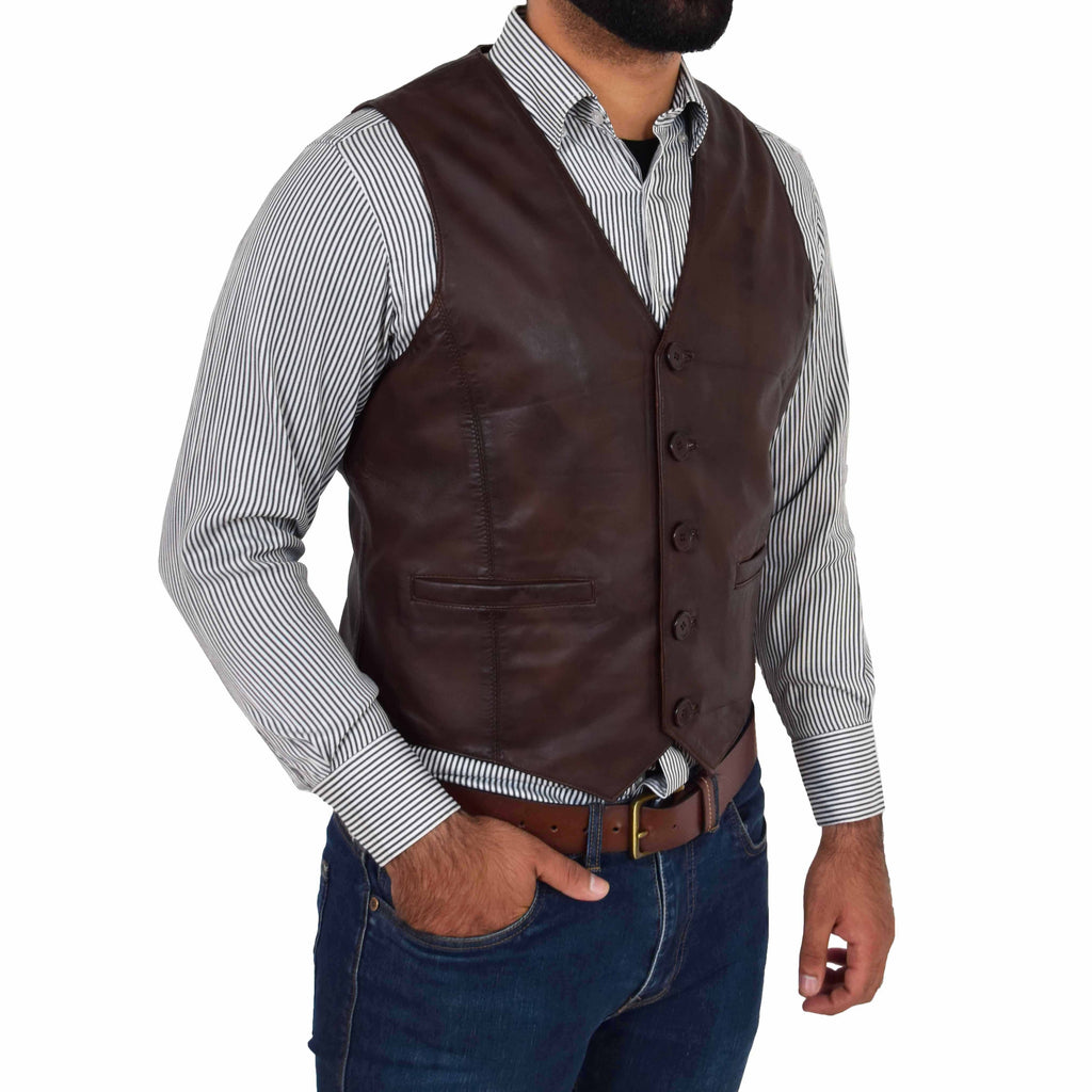 DR135 Men's Classic Waistcoat Leather Brown 5