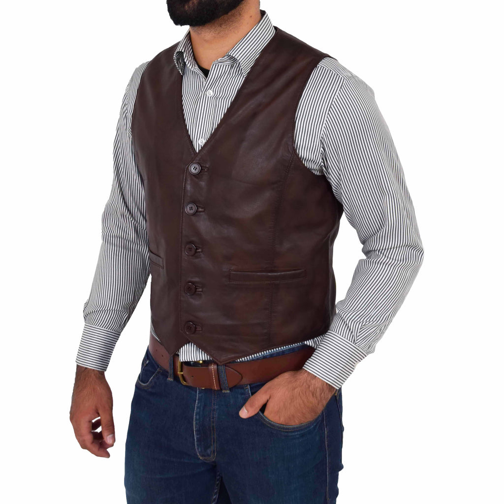 DR135 Men's Classic Waistcoat Leather Brown 4