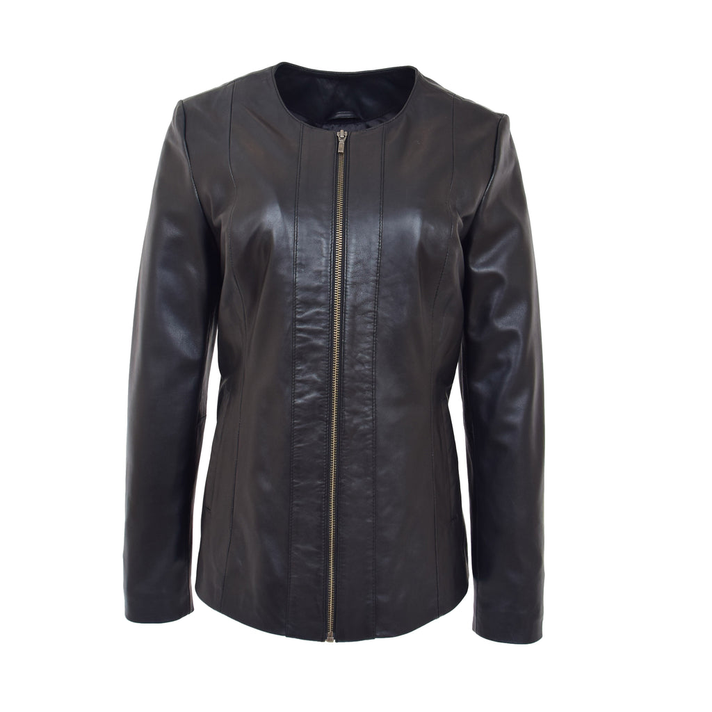 DR214 Women's Collarless Biker Leather jacket Black 1
