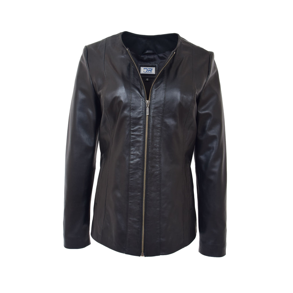 DR214 Women's Collarless Biker Leather jacket Black 2