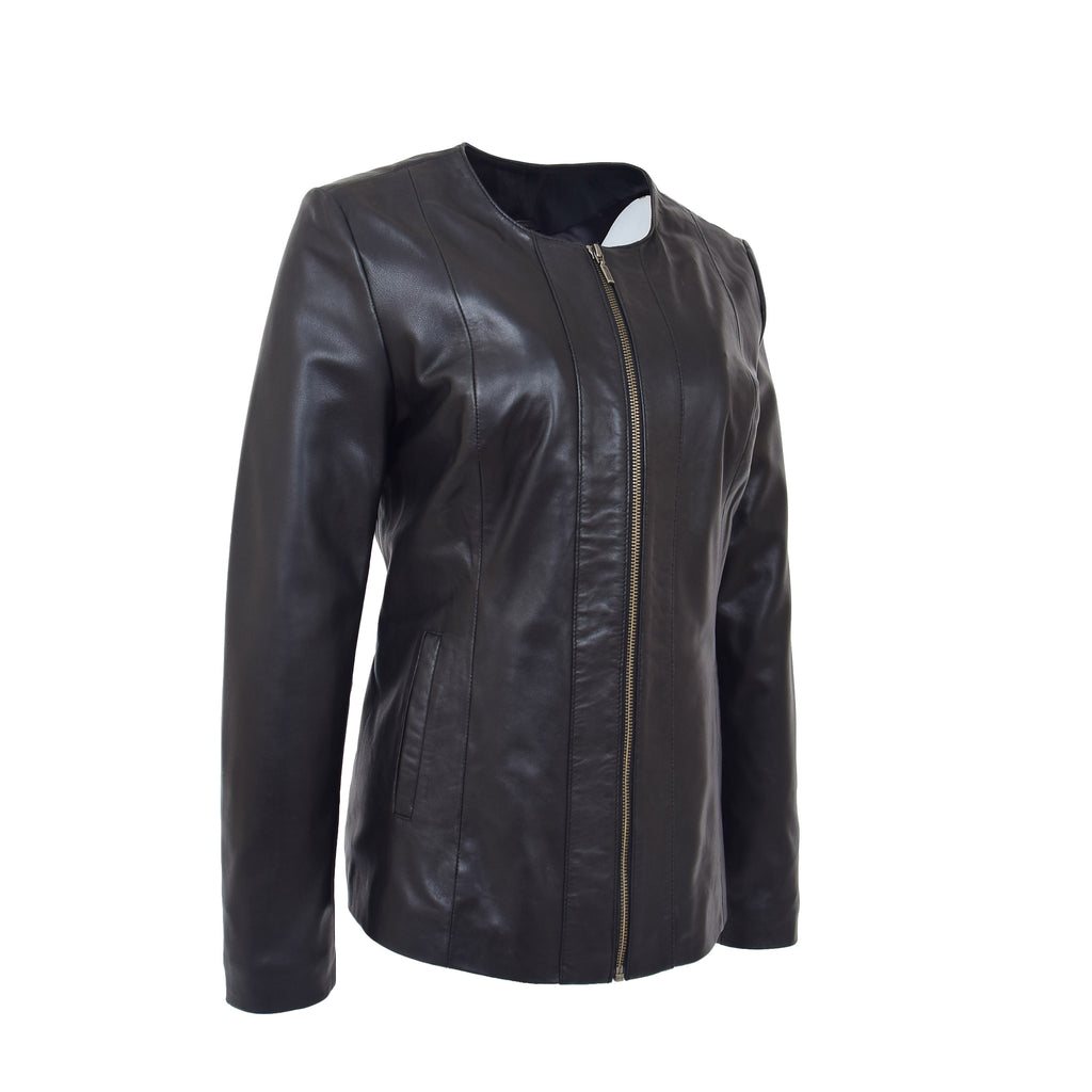 DR214 Women's Collarless Biker Leather jacket Black 4