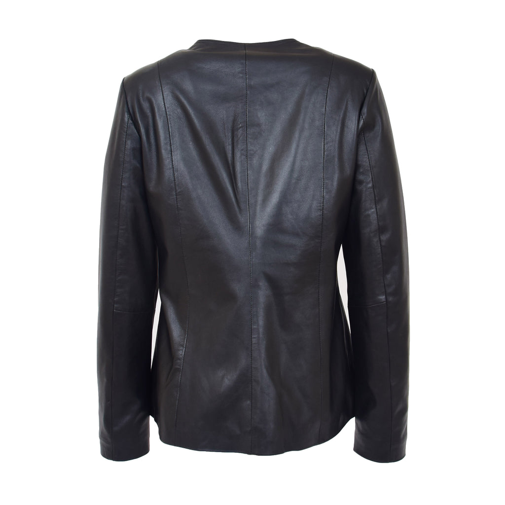 DR214 Women's Collarless Biker Leather jacket Black 6