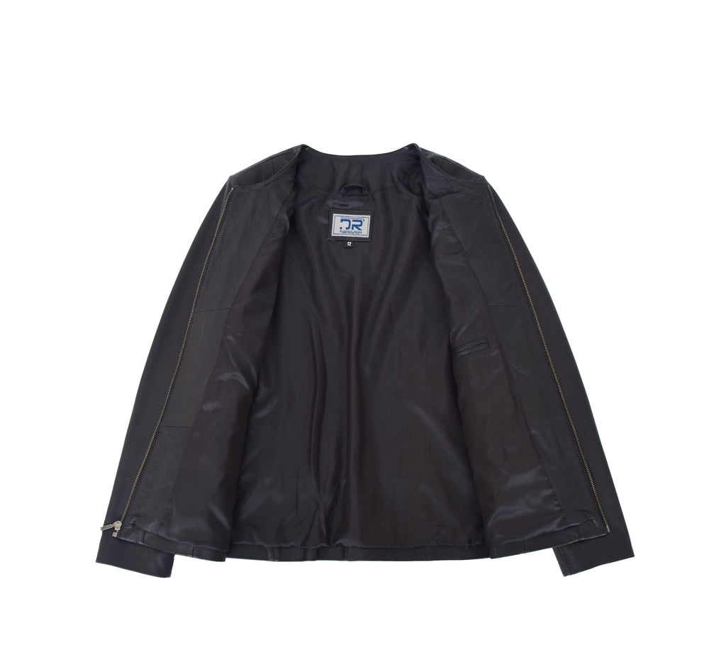 DR214 Women's Collarless Biker Leather jacket Black 7