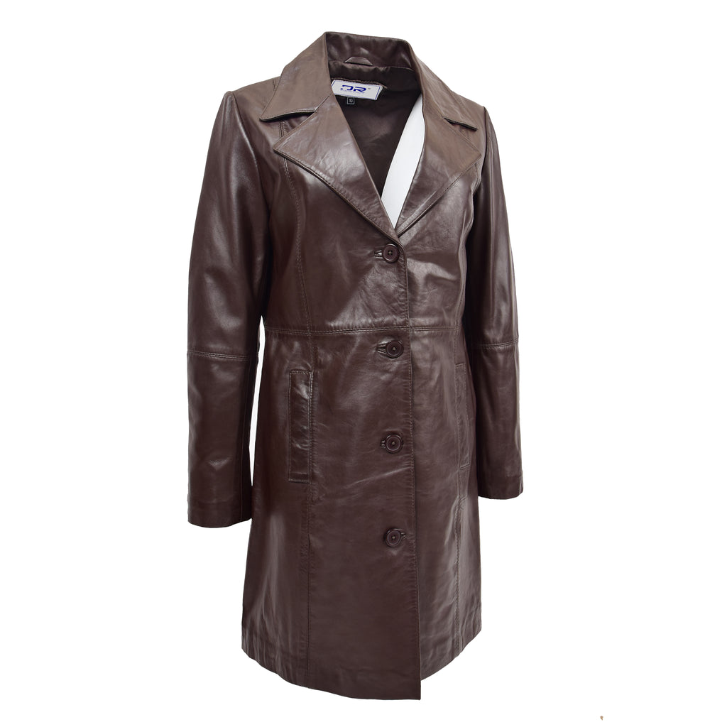 DR196 Women's 3/4 Length Soft Leather Classic Coat Brown 2