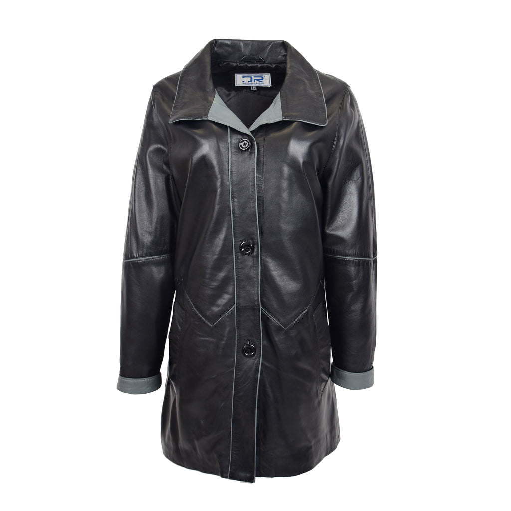 DR203 Ladies Classic Parka Real Leather Coat Trim Jacket Black-Grey 1