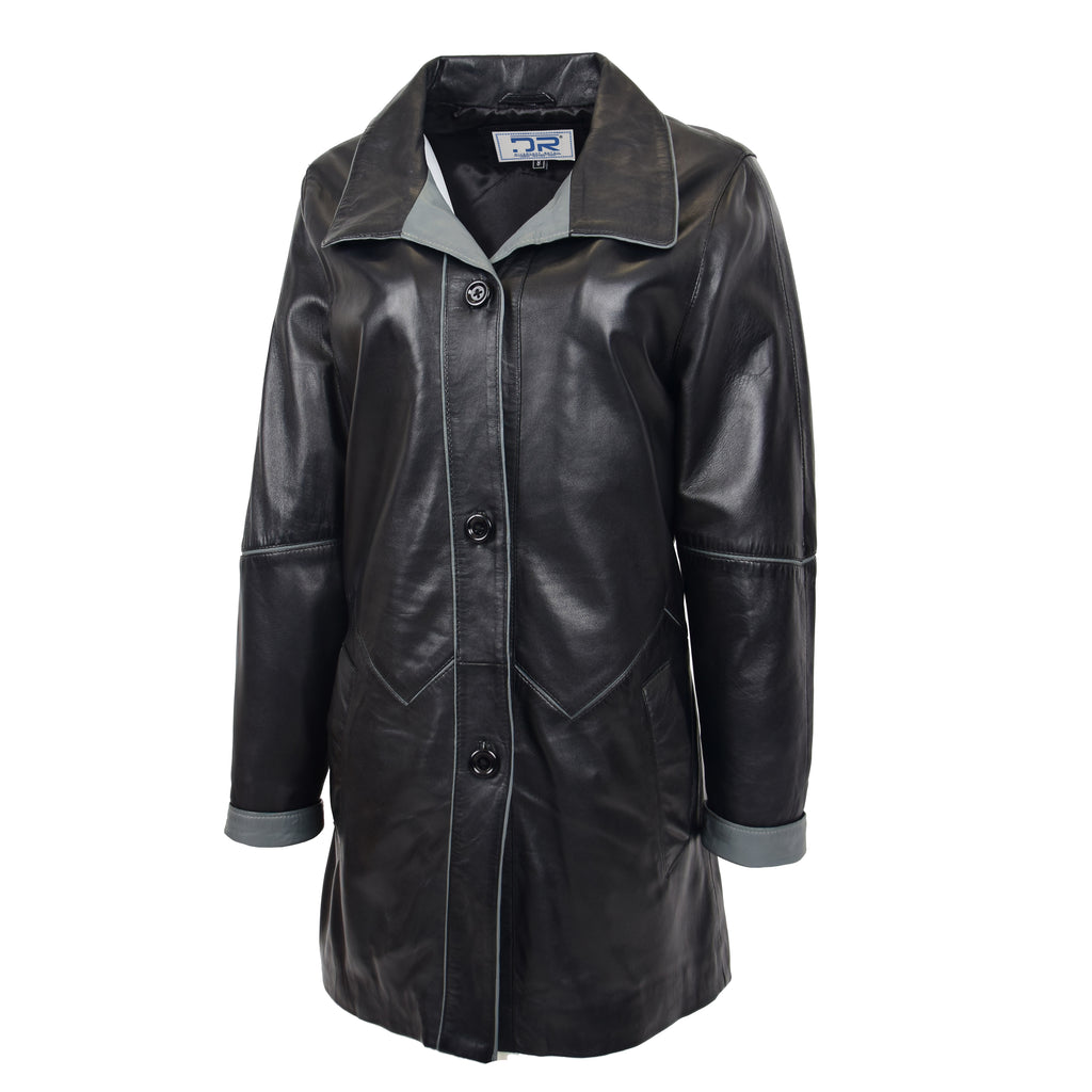 DR203 Ladies Classic Parka Real Leather Coat Trim Jacket Black-Grey 2