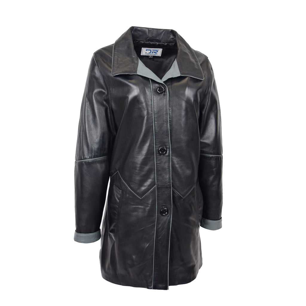 DR203 Ladies Classic Parka Real Leather Coat Trim Jacket Black-Grey 3