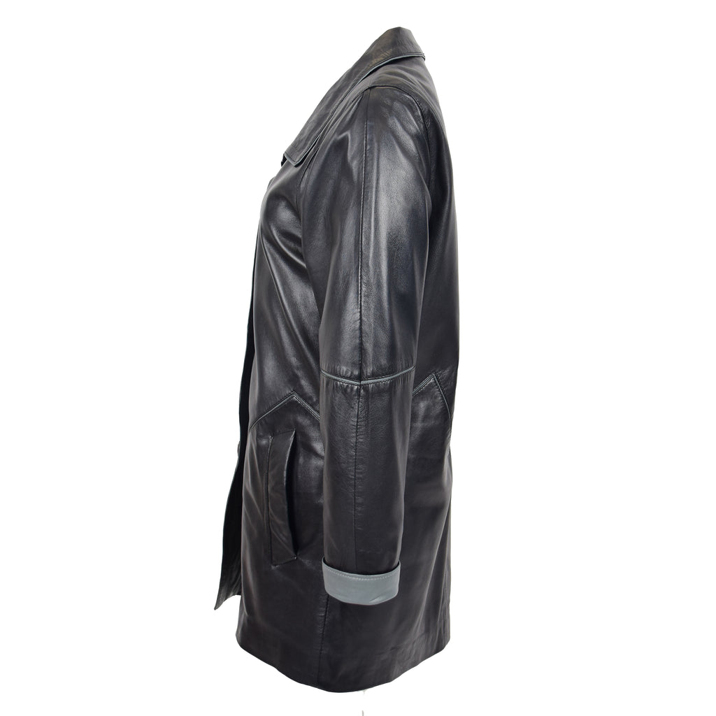 DR203 Ladies Classic Parka Real Leather Coat Trim Jacket Black-Grey 4