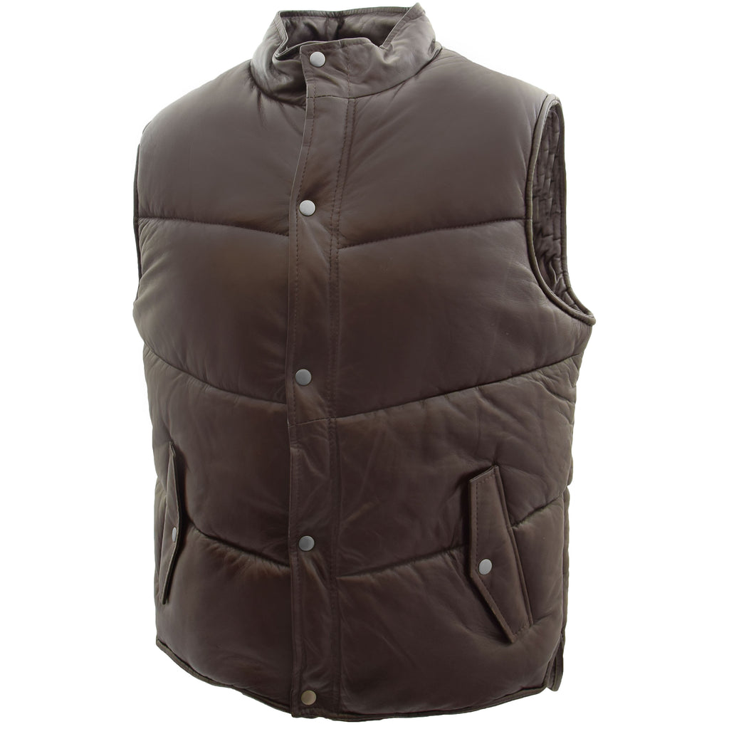 DR146 Men's Leather Puffer Waistcoat Body Warmer Brown 6