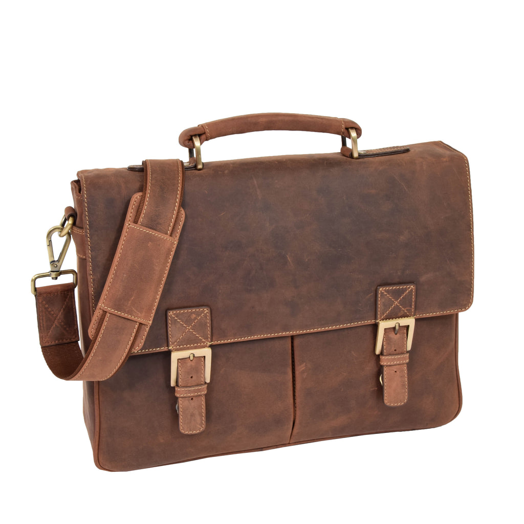 DR376 Men's Leather Cross Body Flap Over Briefcase Tan 1