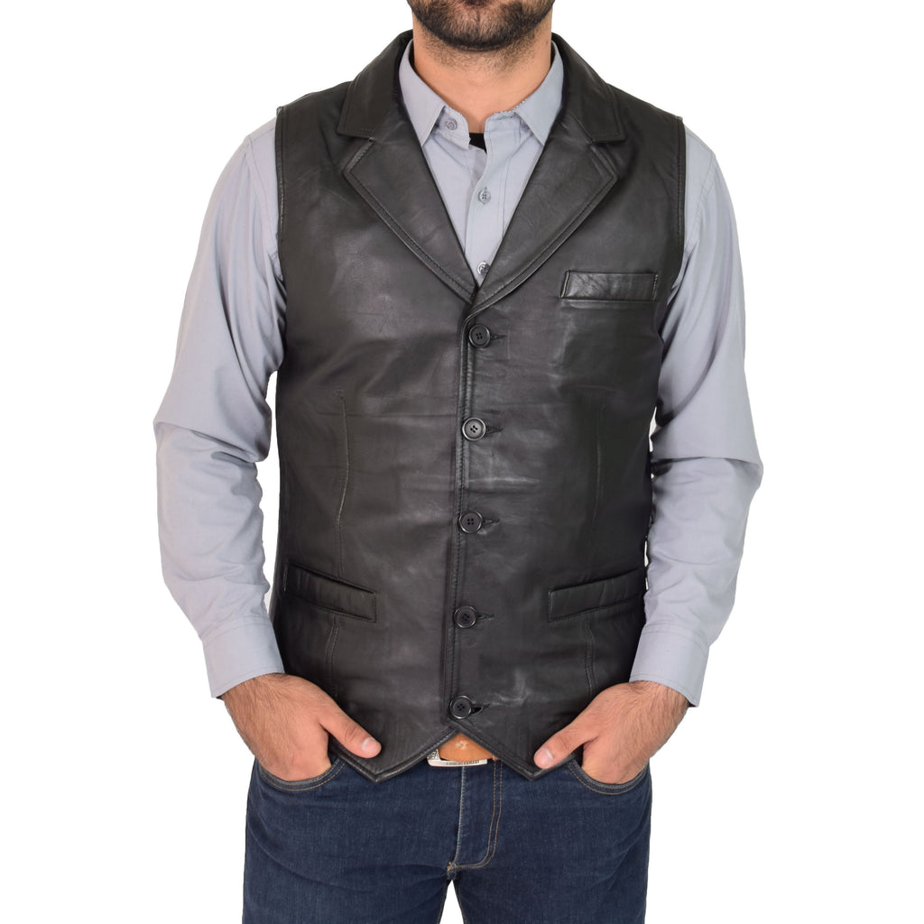 DR126 Men's Blazer Style Sheep Leather Waistcoat Black 1