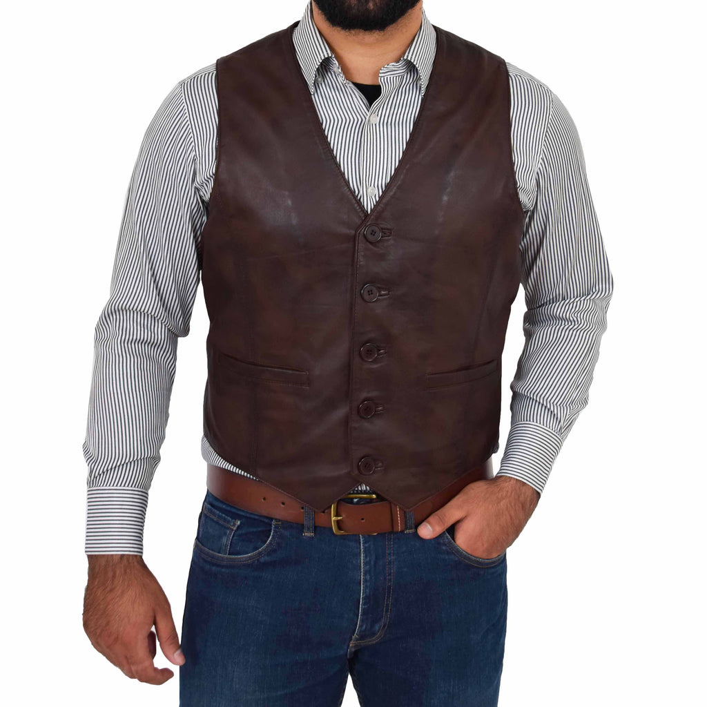 DR135 Men's Classic Waistcoat Leather Brown 1