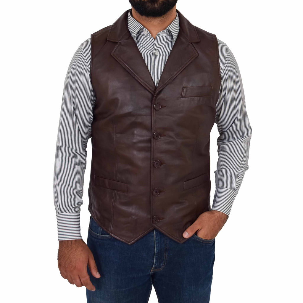 DR126 Men's Blazer Style Sheep Leather Waistcoat Brown 1
