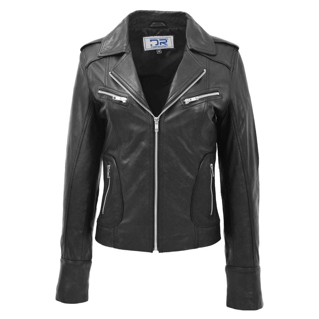 DR194 Women's Black Casual Leather Biker Jacket Short Black 1