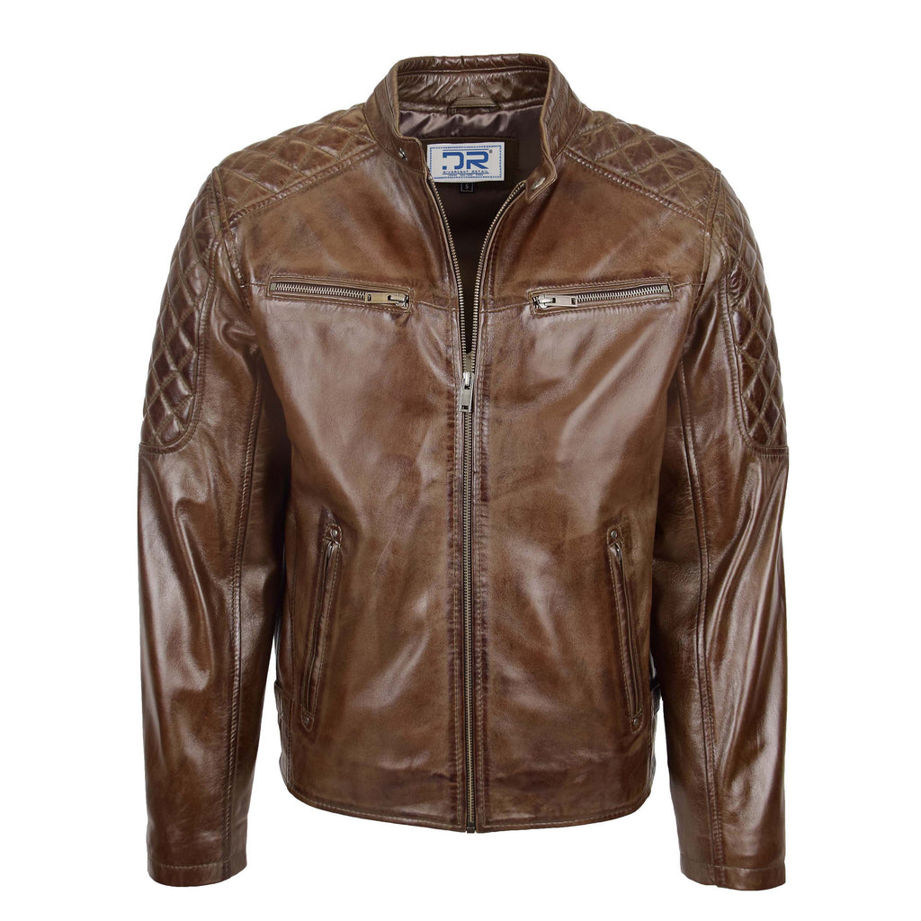 DR158 Men's Classic Quilted Biker Leather Jacket Brown 1