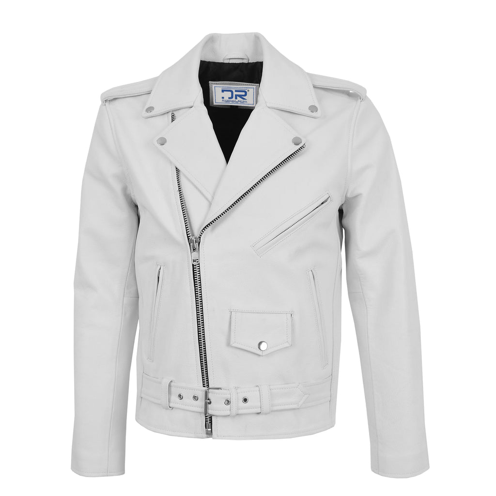 DR159 Men's New Mild Leather Biker Jacket White 1