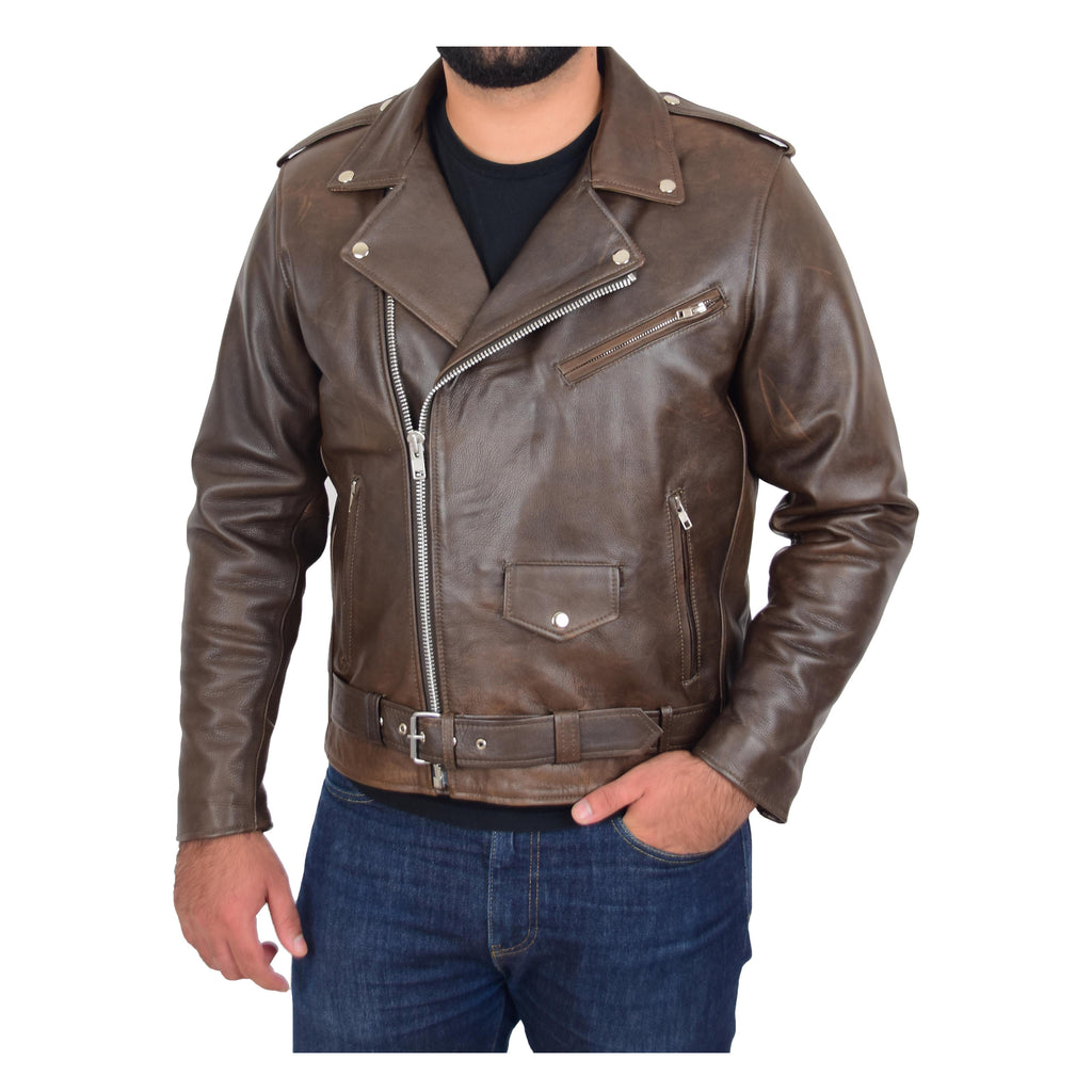 DR159 Men's New Mild Leather Biker Jacket Brown 1