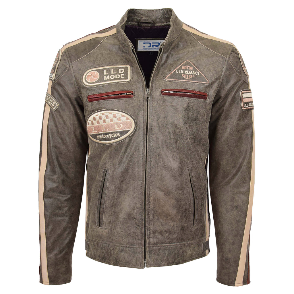 DR137 Men's Biker Leather Jacket with Badges Brown 1