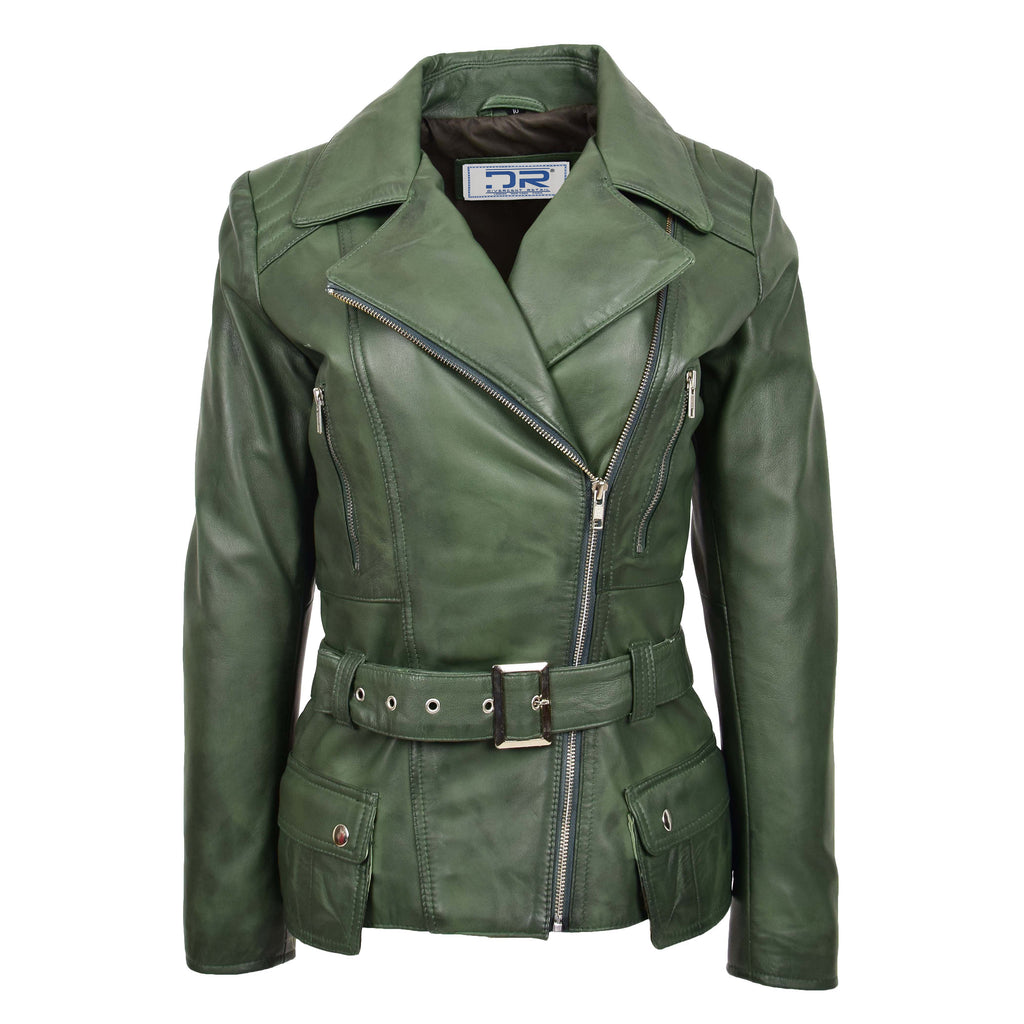 DR205 Women’s Slim Fit Cut Hip Length Biker Leather Jacket Green 1