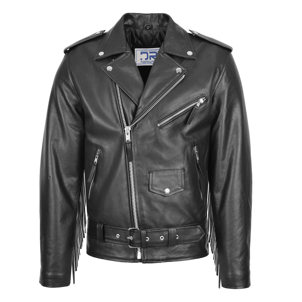 DR143 Men’s Biker Leather Jacket With Fringes Tassels Black 1