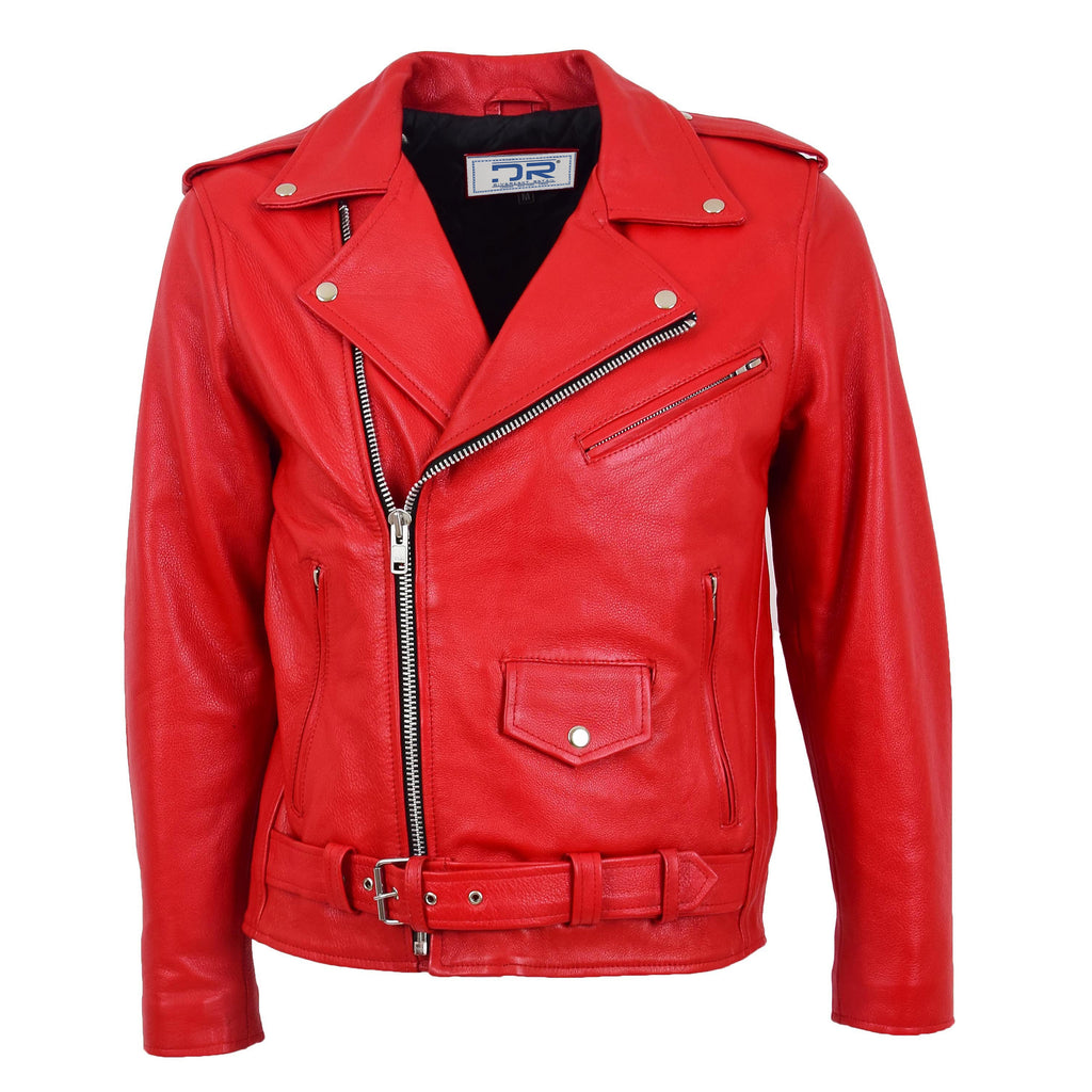 DR159 Men's New Mild Leather Biker Jacket Red 1