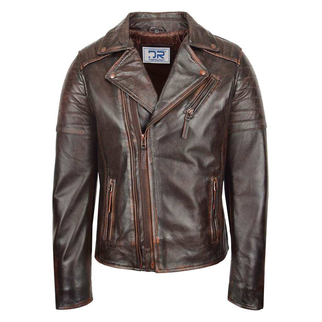 DR145 Men's Quilted Biker Leather Jacket Rust 1