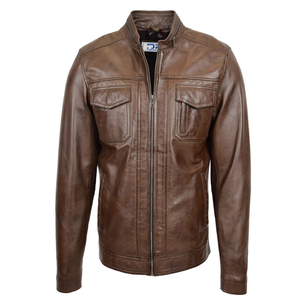 DR149 Men's Vintage Style Leather Biker Jacket Brown 1