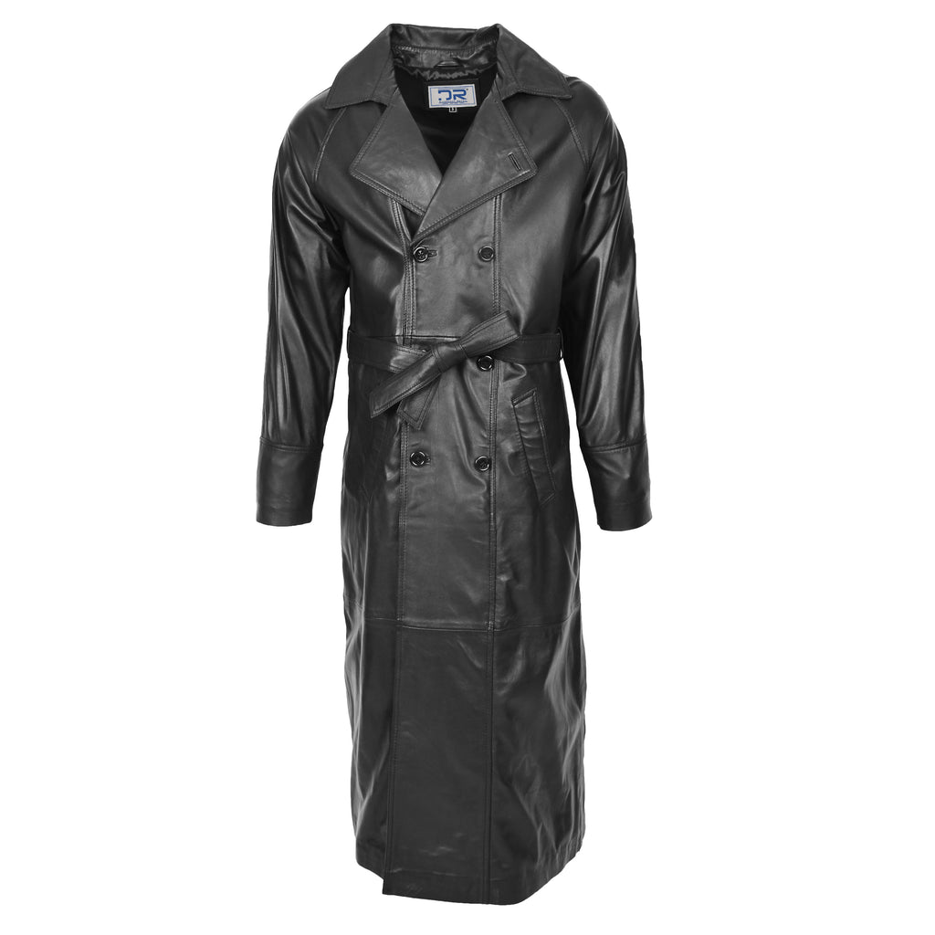 DR157 Men's Trench Double Breasted Full Length Leather Coat Black 1