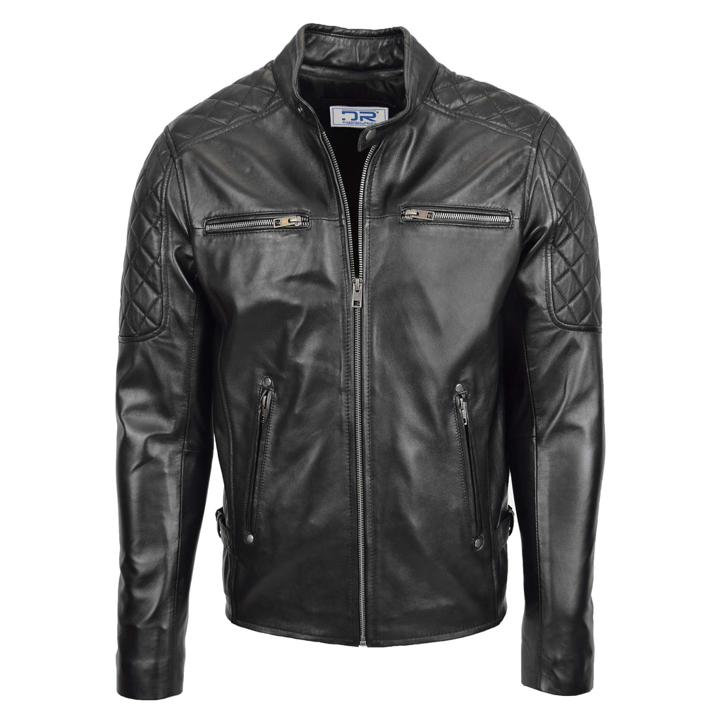 DR158 Men's Classic Quilted Biker Leather Jacket Black 1