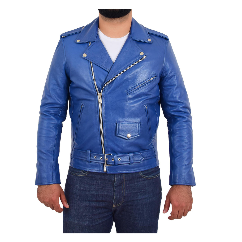DR159 Men's New Mild Leather Biker Jacket Blue 1
