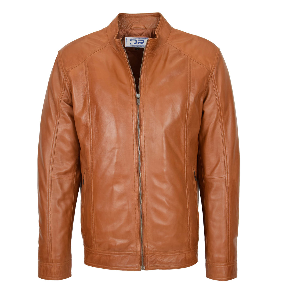 DR153 Men's Casual Biker Leather Jacket Tan 1