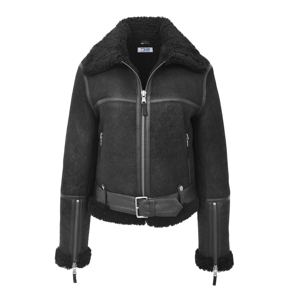 DR228 Women's Retro Sheepskin Leather Jacket Short Black 1